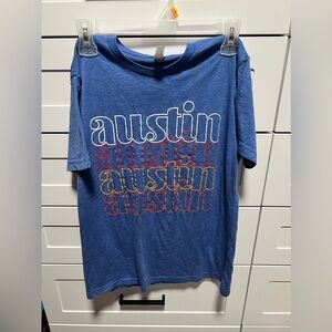 Austin (Texas) T-shirt blue with white, red, an orange lettering